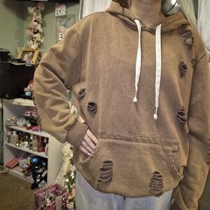 POL Brown Distressed Hoodie Sweater